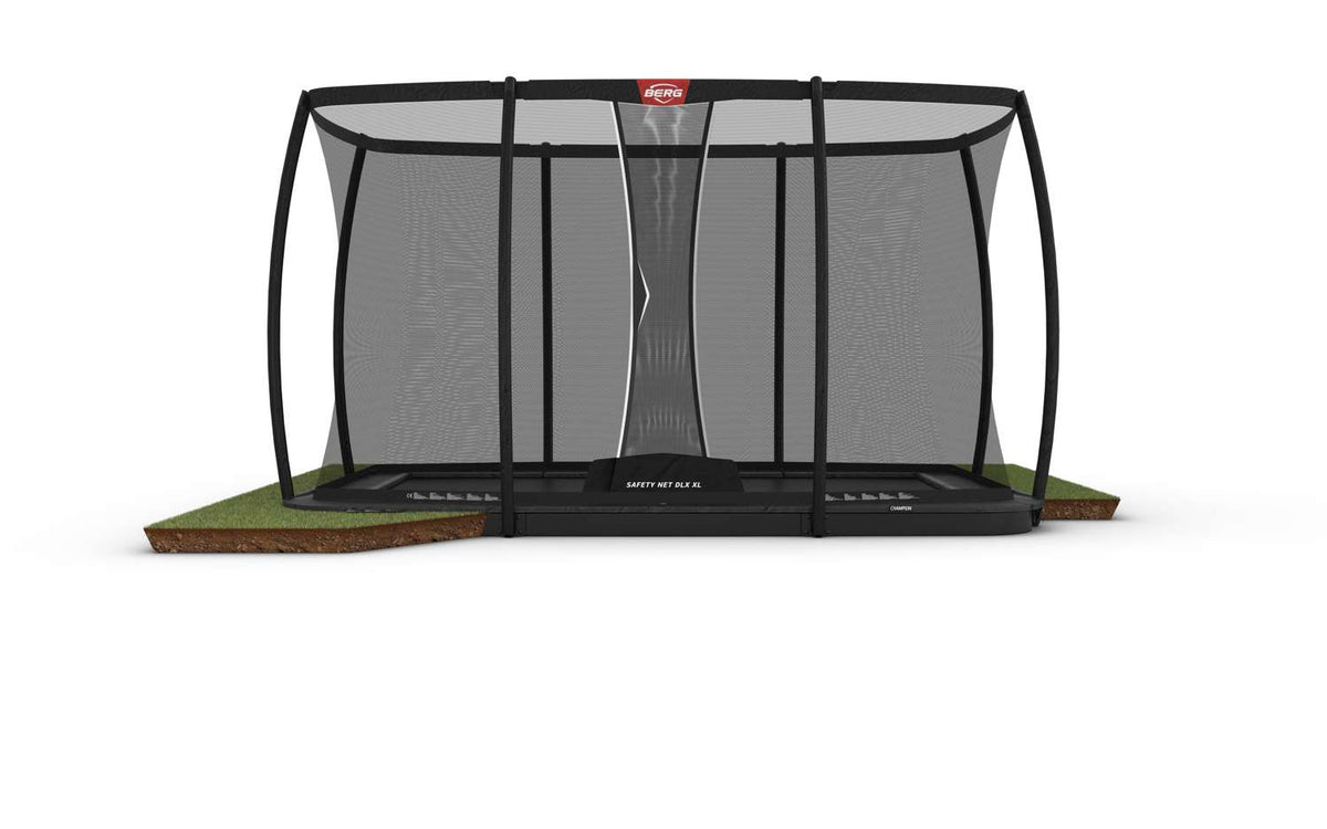 BERG Ultim Champion FlatGround ebenerdiges Trampolin rechteckig mit Sicherheitsnetz Deluxe XL