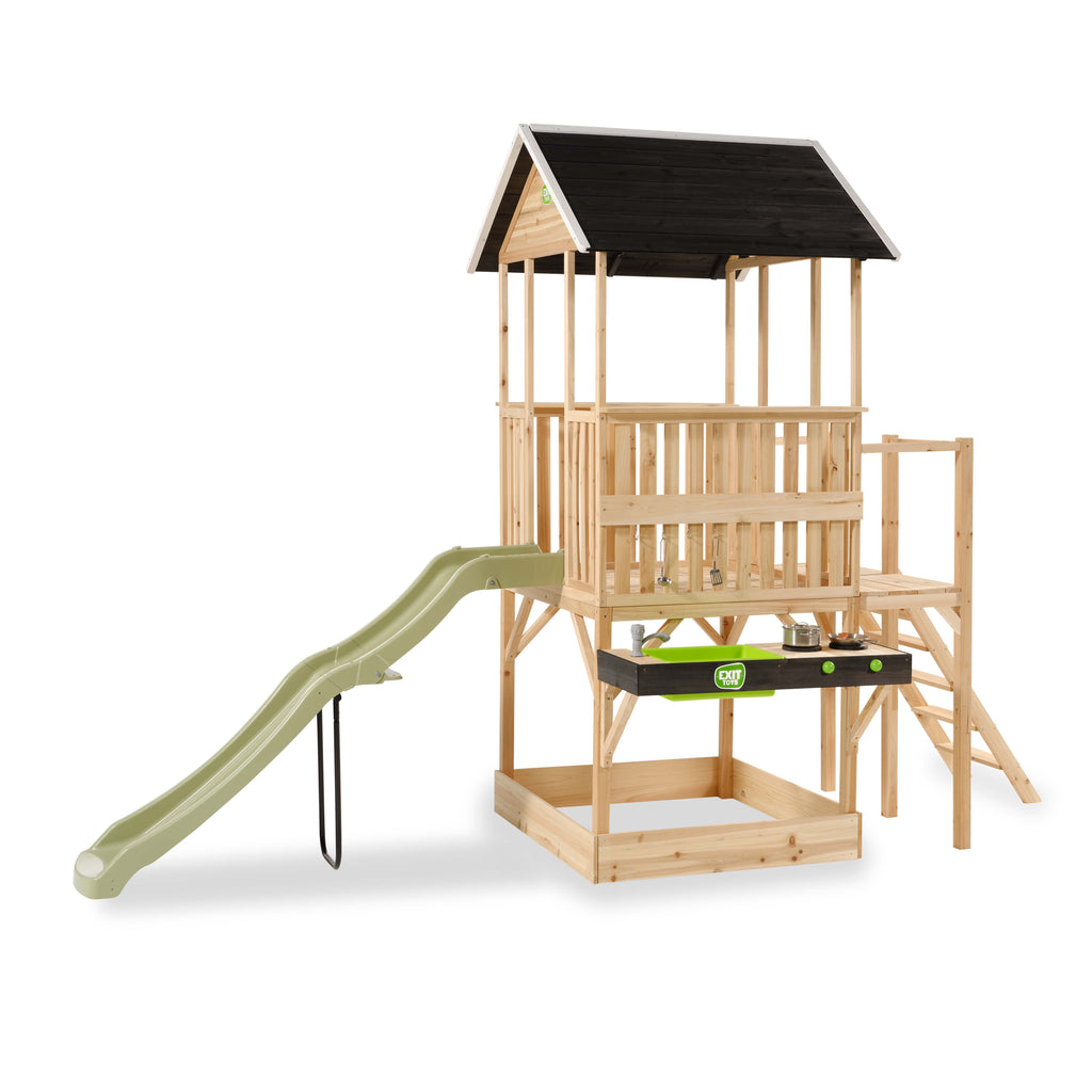 EXIT Panorama 550 Holzspielhaus mit Rutsche, Matschküche und Sandkasten